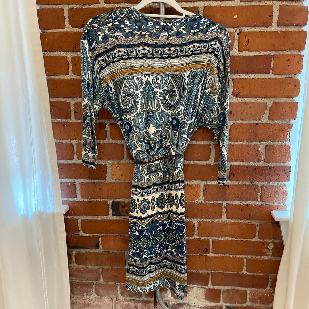 Brand: Velvet. Deep V blue paisley dress.